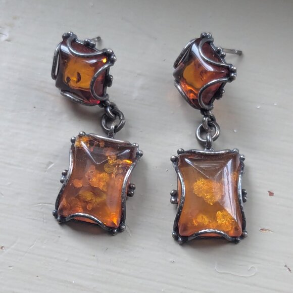 Vintage Amber Acrylic Gold Brass Metal Cocktail Dangle Earring Great Gatsby Boho - Picture 4 of 7